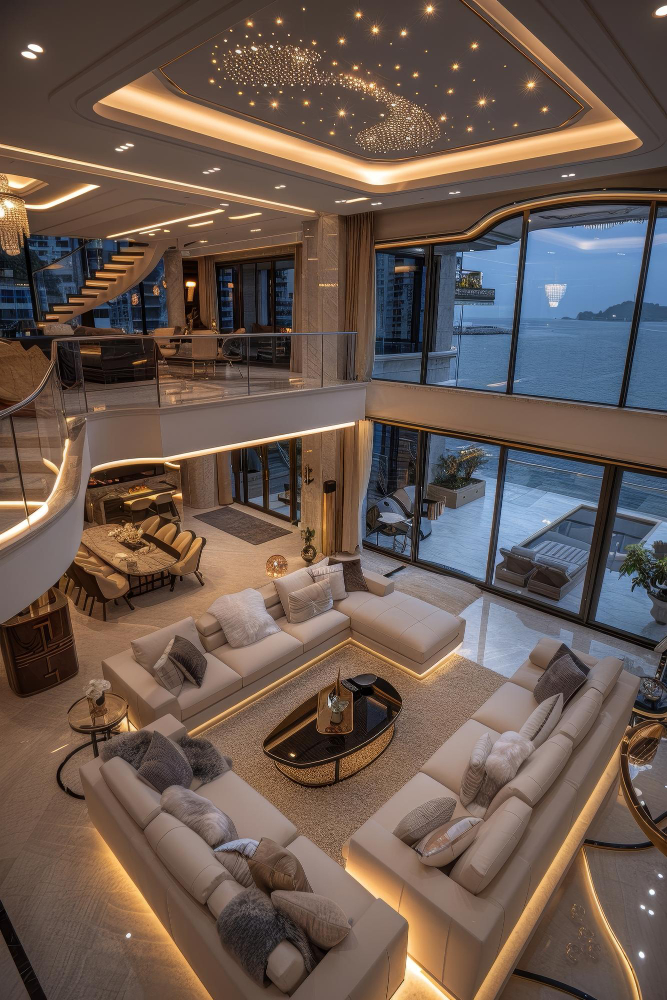 Ultra-luxury living room overlooking city skyline